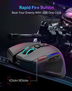 Wireless Tri-Mode Gaming Mouse with Thumb Groove, Rapid-Fire Key, 8000 DPI, 6 RGB Modes & 75-Hour Battery Life