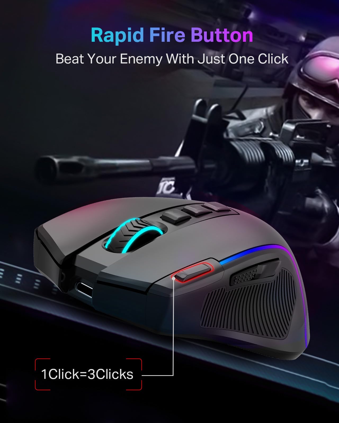 Wireless Tri-Mode Gaming Mouse with Thumb Groove, Rapid-Fire Key, 8000 DPI, 6 RGB Modes & 75-Hour Battery Life