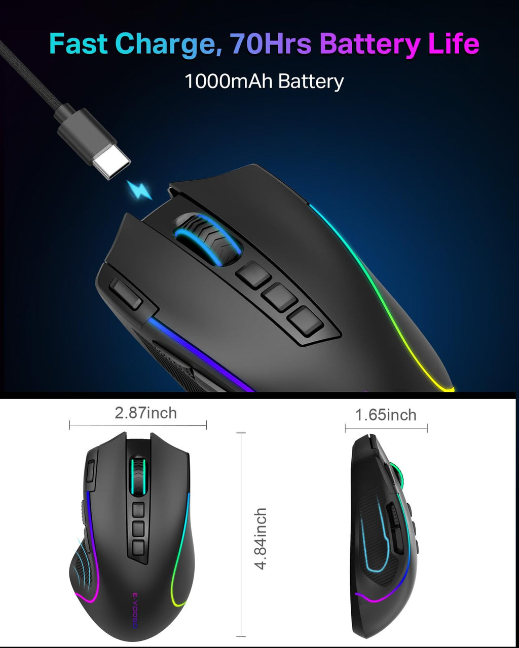 Wireless Tri-Mode Gaming Mouse with Thumb Groove, Rapid-Fire Key, 8000 DPI, 6 RGB Modes & 75-Hour Battery Life