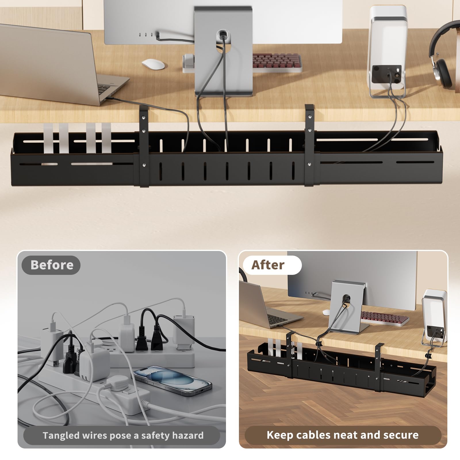 Adjustable No-Drill Under-Desk Cable Management Tray