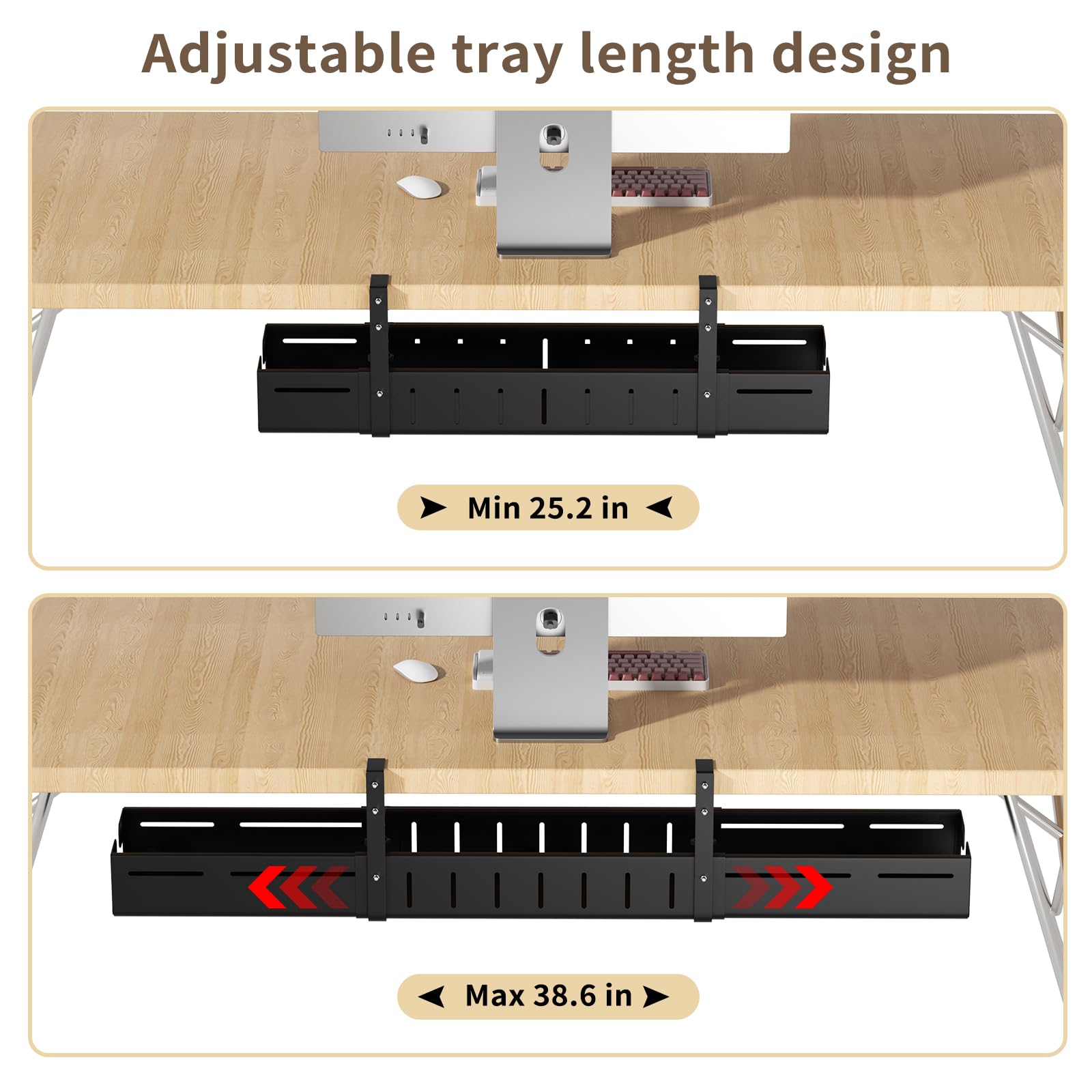 Adjustable No-Drill Under-Desk Cable Management Tray