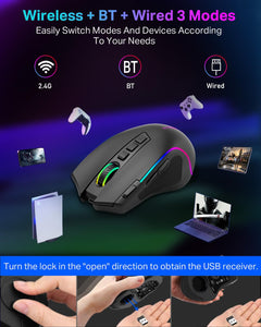 Wireless Tri-Mode Gaming Mouse with Thumb Groove, Rapid-Fire Key, 8000 DPI, 6 RGB Modes & 75-Hour Battery Life