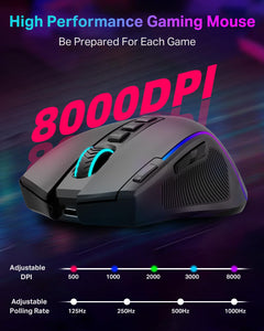 Wireless Tri-Mode Gaming Mouse with Thumb Groove, Rapid-Fire Key, 8000 DPI, 6 RGB Modes & 75-Hour Battery Life