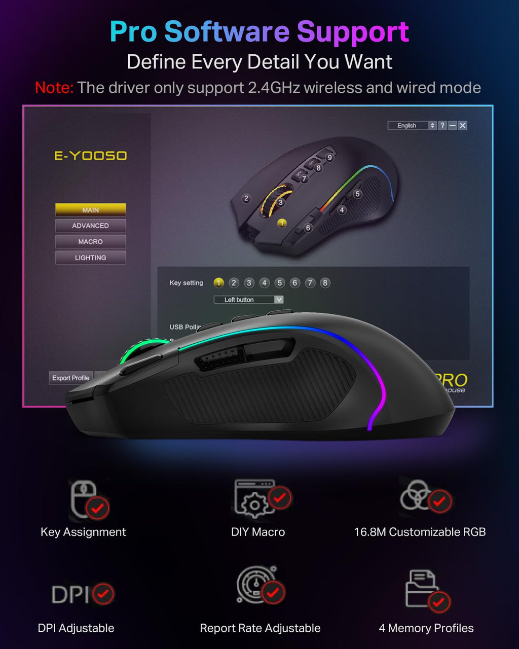 Wireless Tri-Mode Gaming Mouse with Thumb Groove, Rapid-Fire Key, 8000 DPI, 6 RGB Modes & 75-Hour Battery Life