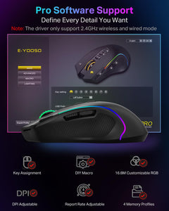 Wireless Tri-Mode Gaming Mouse with Thumb Groove, Rapid-Fire Key, 8000 DPI, 6 RGB Modes & 75-Hour Battery Life